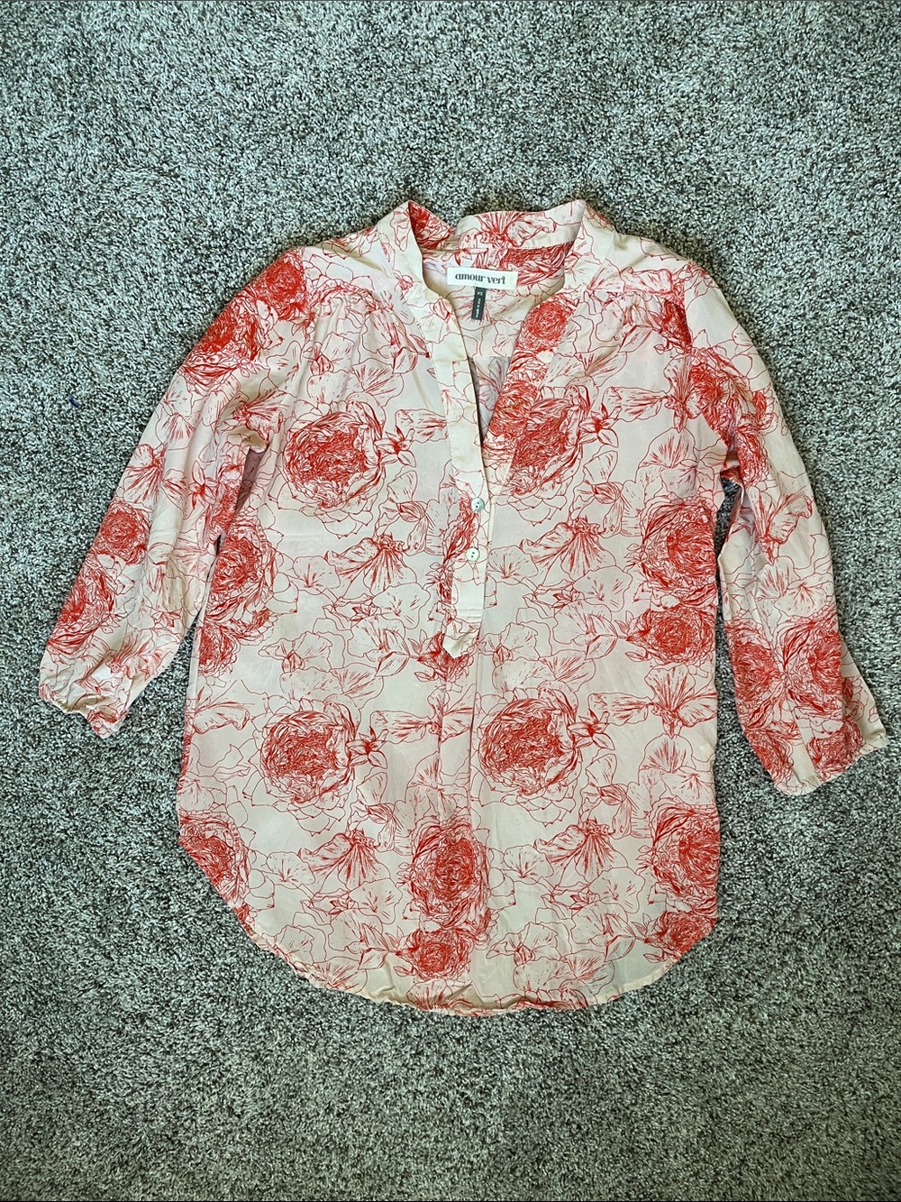 Amour Vert Silk Floral Blouse - Peach Roses with 3/4 Sleeves